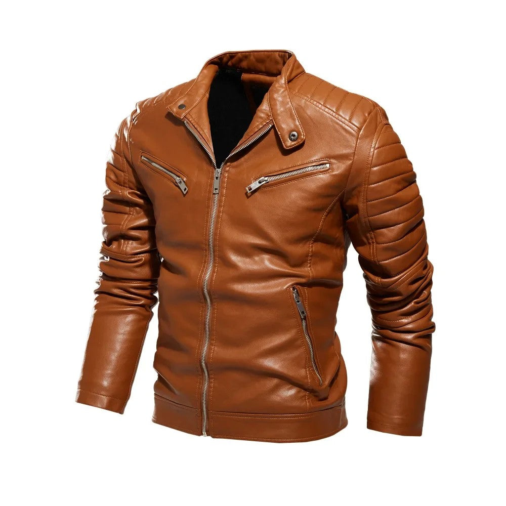 Men Yellow PU Leather Jacket Patchwork Biker Jackets  Casual Zipper Coat Male Motorcycle Jacket Slim Fit Fur Lined Outwear Coat