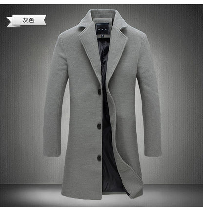 2025 Autumn Winter New Wool Men Long Cotton Coat Blend Pure Color Casual Business Fashion Slim Windbreaker Jacket Men Clothing