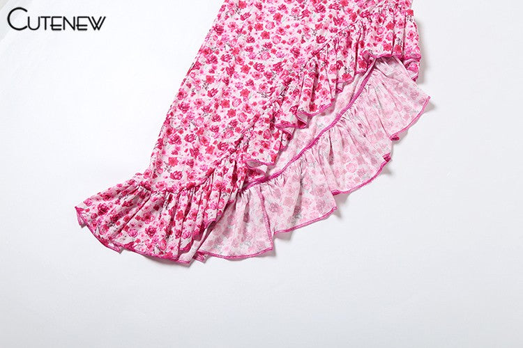 Cutenew Floral Print Women Midi Dresses Fashion Incline Shoulder Bandage Ruffle