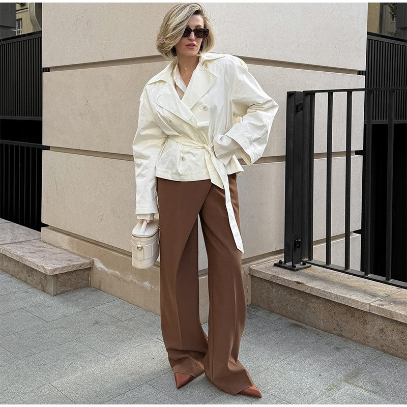 Belted Waist Cropped Trench Double Breasted Stand Collar 2025 Autumn Chic Elegant Women Coat Casual Vintage Office Lady Jacket