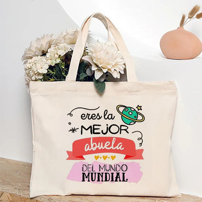 Spanish Abuela Quote Tote Bag Vibrant Shoulder Handbag with Heart Ribbon Design Perfect for Mother’s Day & Grandma Appreciation