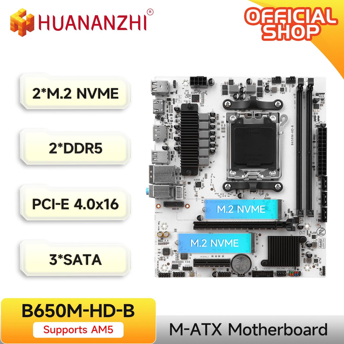 Placa-mãe AMD B650M-HD-B M-ATX, Suporta CPU AMD Ryzen Série 7000/9000, Soquete AM5, 2DDR5, 3M.2 NVMe, PCIE4.0