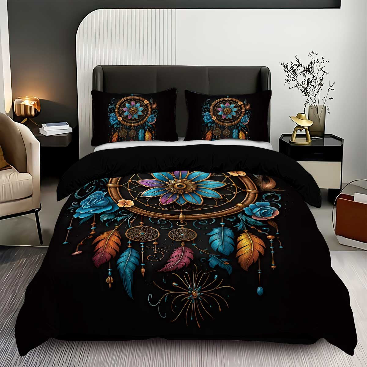 Jogo de cama estampado Boêmio 3 peças, 1*capa de edredom+2*fronha, adequado para quartos de casais e adultos