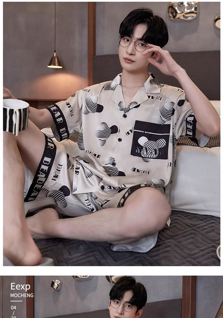 Large Size Men‘s Pajamas Set Ice Silk Cartoon Bear Short-Sleeved Student Two-Piece Button Tops and Pants Youth Student Sleepwear