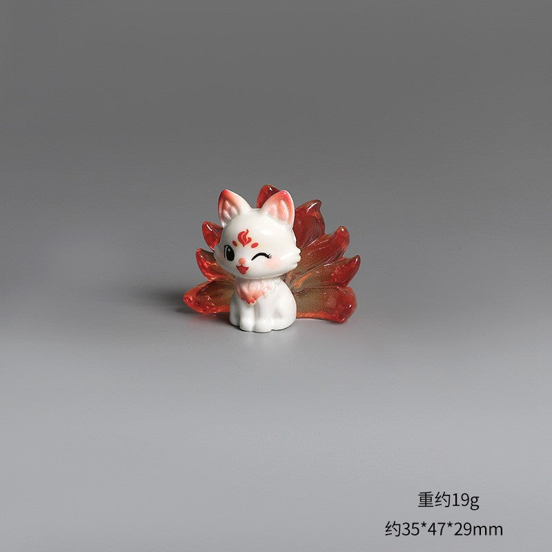 1/6Pcs Cute 9 Tailed Fox Resin Figurine, Kawaii Fantasy Miniature Mythical Fox Animal Decor for Desk Shelf Car Collectible Gift