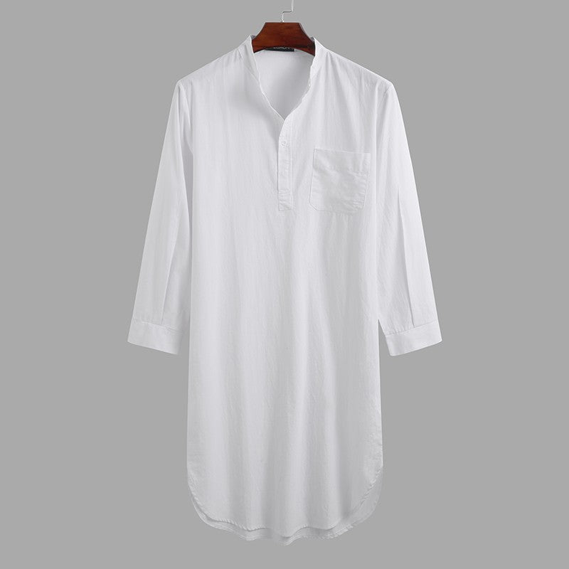 Men's Cotton Button-down Sleep Robe Solid Color Stand Neck Long Sleeve Nightgown Fashion Comfortable Home Wear Loose Bathrobe