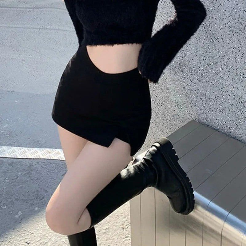 Black Split Mini Skirts Women Summer Sexy Club High Waist Slit Skirt Streetwear