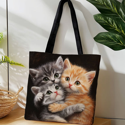 Cute Snuggling Kittens Tote Bag Durable Polyester Foldable Reusable Shopping Bag with Colorful Cat Large Capacity Handbag