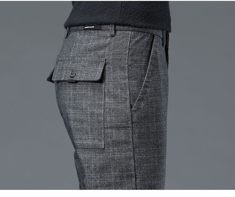 Calças de inverno forradas com lã, casuais masculinas, retas, compridas, listradas xadrez, de alta qualidade, de marca, para negócios