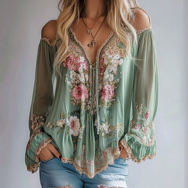 Women's Blouse Floral Cold Shoulder Lace Trim Ruffle Long Sleeve Blouse Casual Chic Bohemian Styles Blouse Top For Spring Summer
