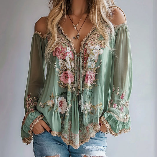 Women's Blouse Floral Cold Shoulder Lace Trim Ruffle Long Sleeve Blouse Casual Chic Bohemian Styles Blouse Top For Spring Summer