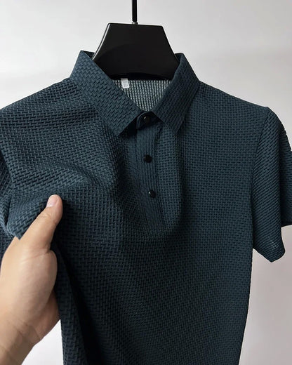 Summer New Men's Lop-up Hollow Short-sleeved Polo Tee Shirt Ice Silk Breathable Business Fashion T-Shirt Male Brand Clothes