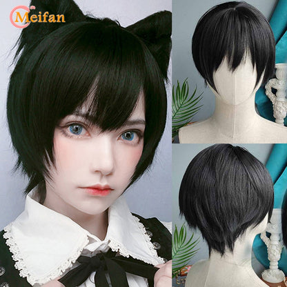 Peruca MEIFAN Sintética Curta para Cosplay Lolita Anime Masculina Cabelo Liso Masculino Fibra de Alta Temperatura Rosa Azul Louro Ombré Preto Peruca