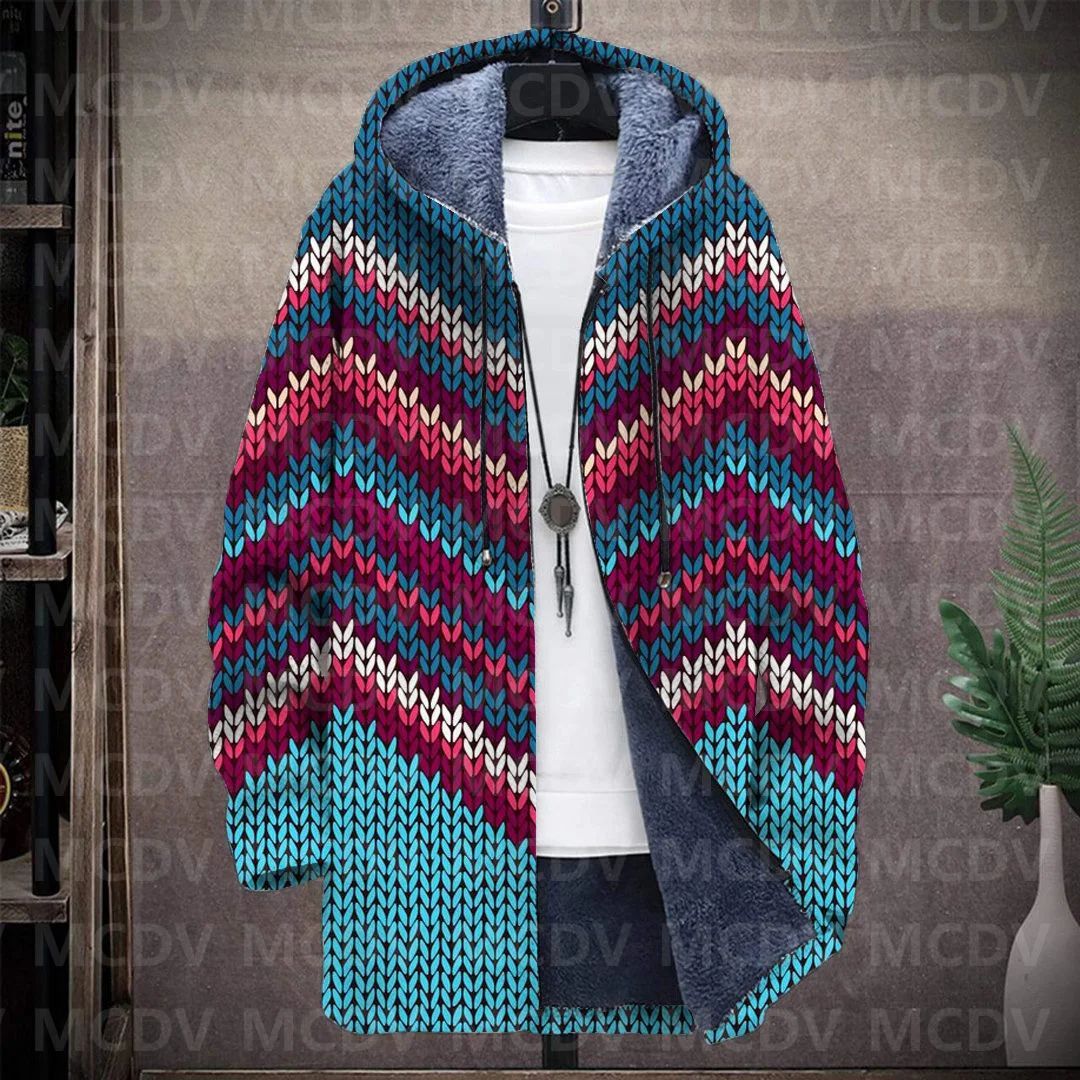 Men's Retro Print Plush Thick Long-Sleeved Coat Cardigan 3D All Over Prined Fleece Hooded Overcoat Unisex Thick Warm Jacket