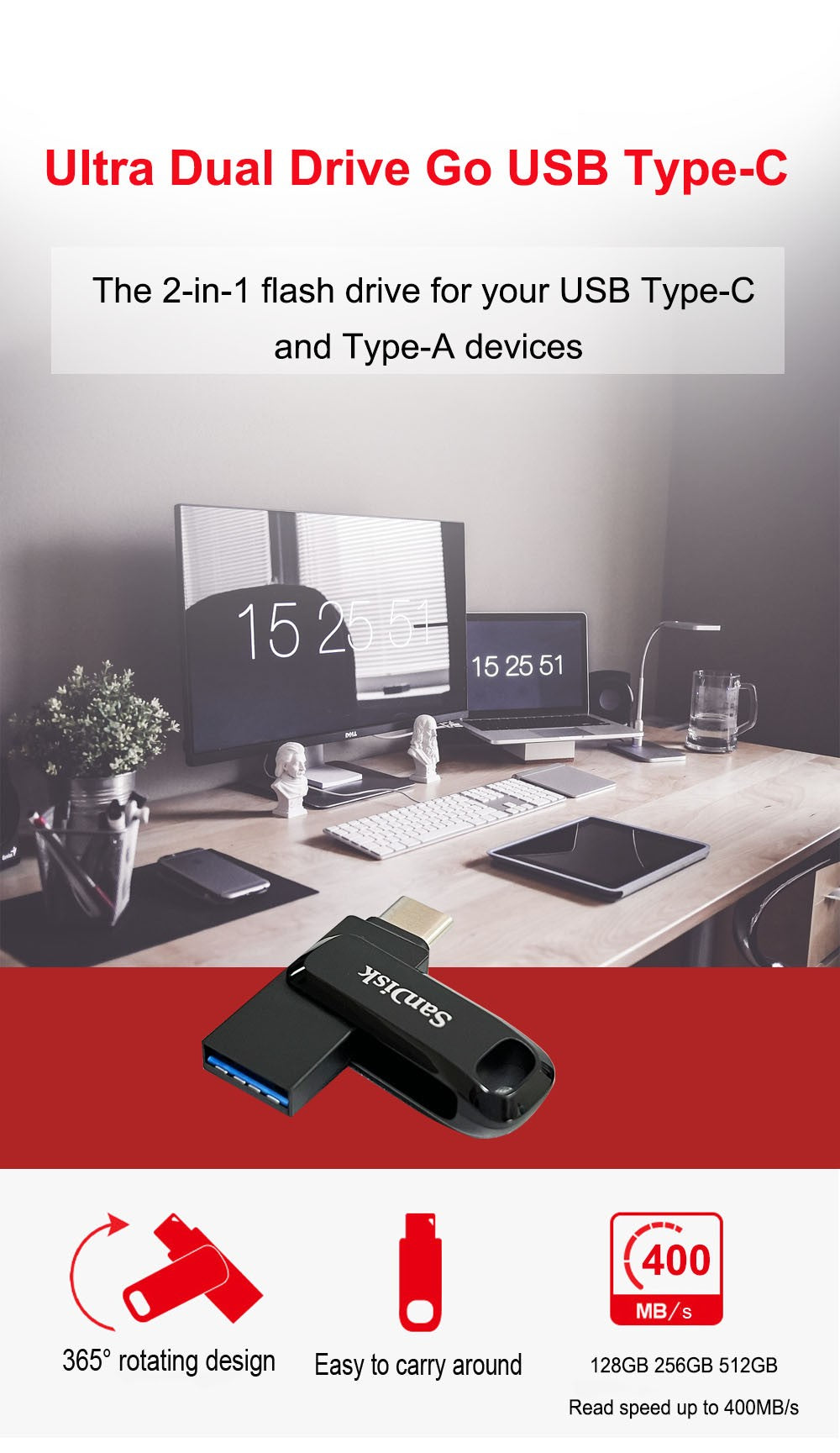 SanDisk Ultra Dual OTG Pen Drive USB 3.2 Type-C Flash Drive 64GB 128GB 256GB 512GB Up to 400MB/s Memory Flash Disk for computers