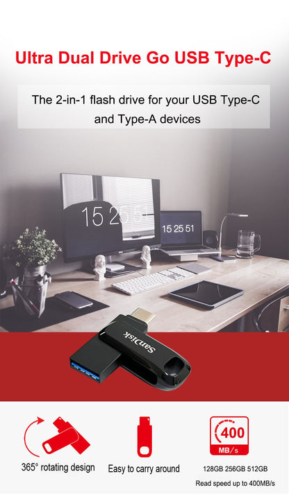SanDisk Ultra Dual OTG Pen Drive USB 3.2 Type-C Flash Drive 64GB 128GB 256GB 512GB Up to 400MB/s Memory Flash Disk for computers