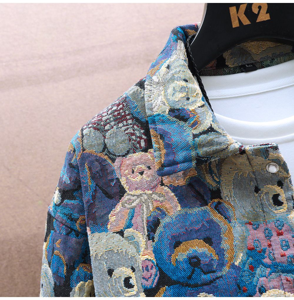 Men Teddy Bear 3/4 Sleeve Jacket Fashion Animal Pattern Coat Jacquard Woven Top Outerwear