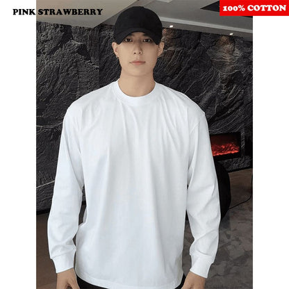 100% Cotton White Long sleeve T-shirt Men Autumn 2025 New Solid color High quality Loose Casual Black Tee Y2k Top Men clothing