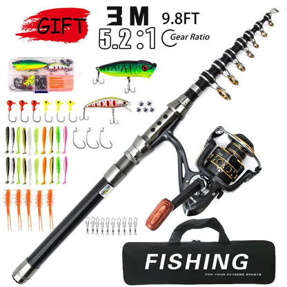 1.8-3m Carbon Fiber Fishing Rods and Reel Combo Super Hard Telescopic Fishing Pole Spinning Reel Kit