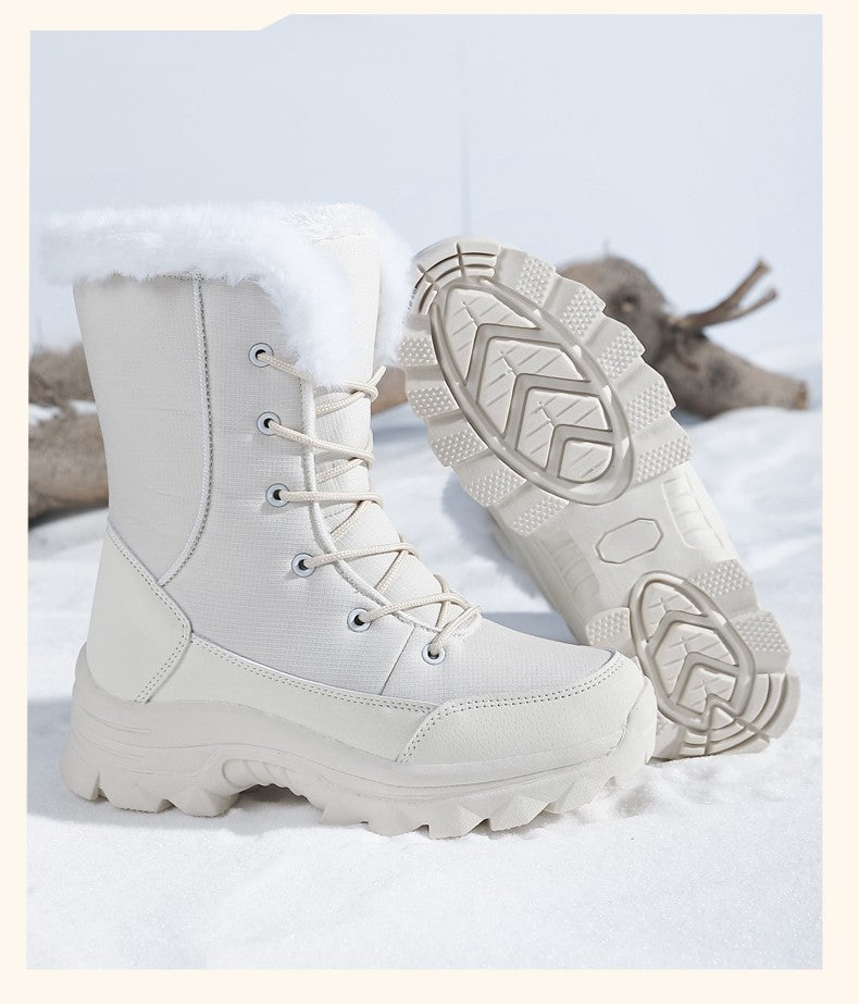 2025 Women's Snow Boots Beige Lace-up Waterproof Antiskid Female New Ankle Boots Walking Shoes plush Winter Warm Mid-Calf Boots