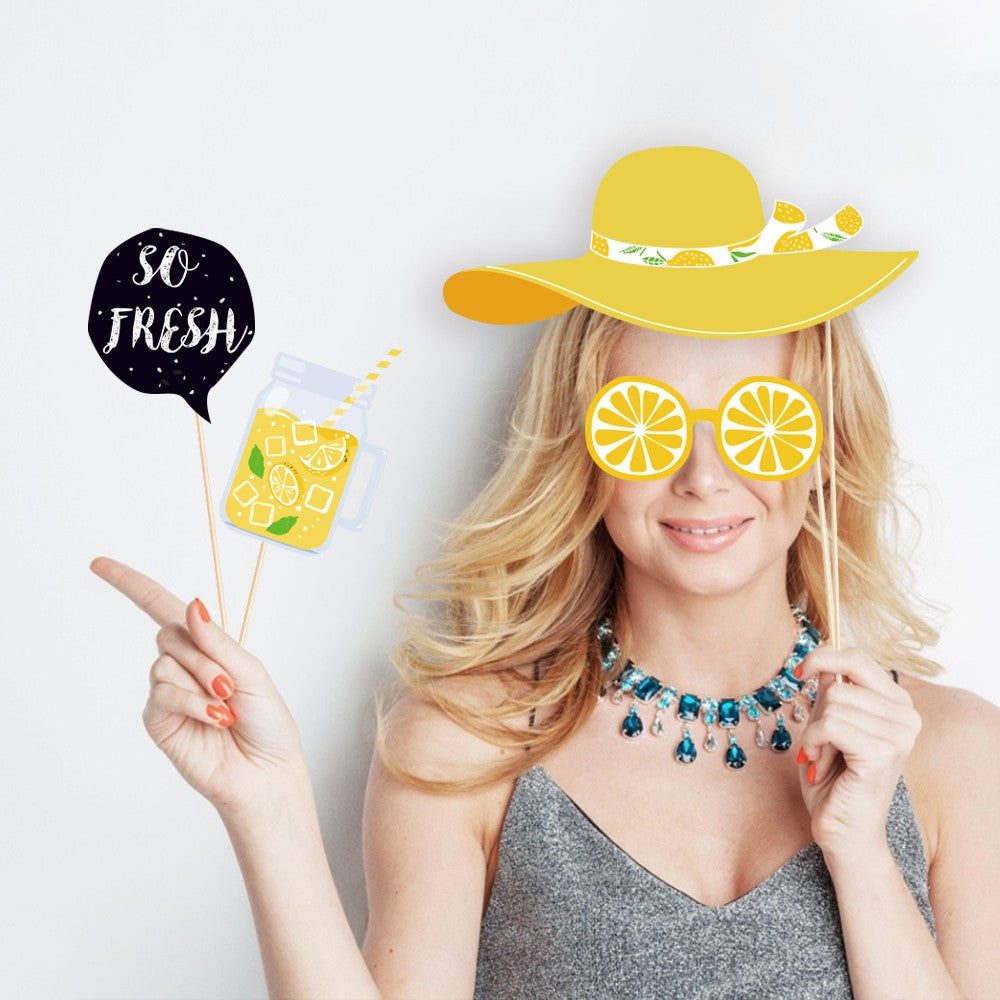 25pcs Lemon Photo Shoot Props With Sticks Party Selfie Photo Props Kit for Kids Birthday Summer Fruits Party Supplies