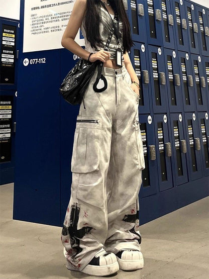 American Street Gothic Graffiti Print Pocket Jeans Women Retro Distressed Loose Fashion Street Casual High Waist Wide Leg Jeans