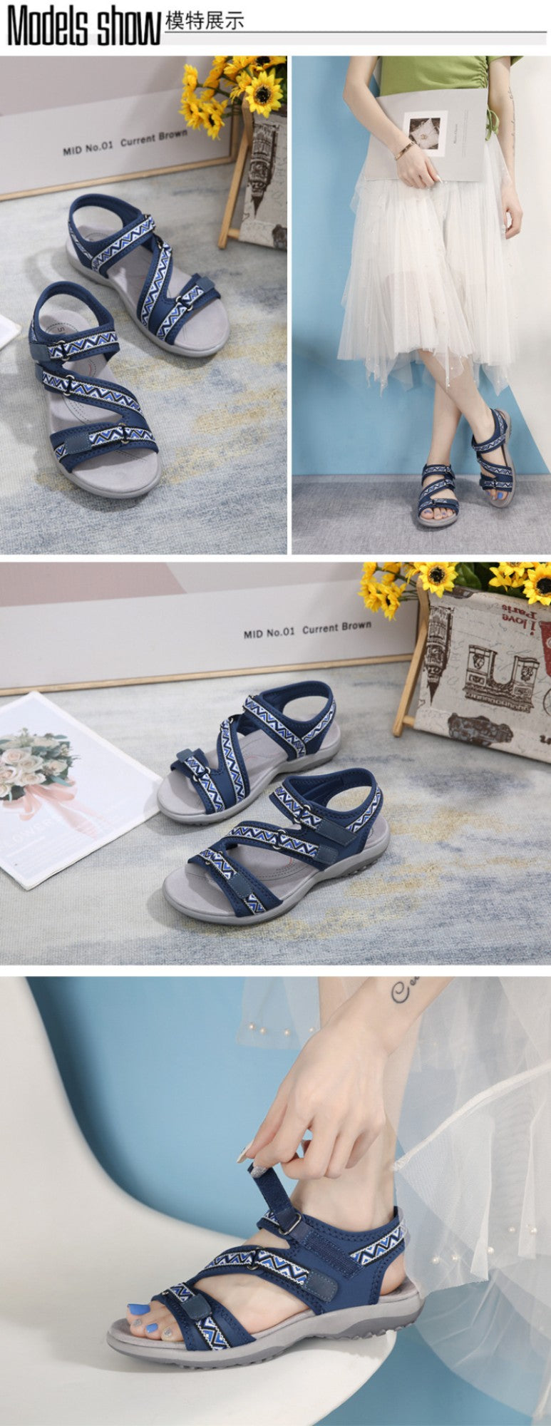 Spring And Summer Printed Velcro Comfortable Casual Beach Flat Sandals For Women's Ethnic Style Leisure Comfortable And Simple