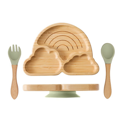 Baby Wooden Tableware Set Could Bamboo Wooden Plate Bowl Silicone Suction Wooden Handle Fork Spoon for Children Feeding Supplies