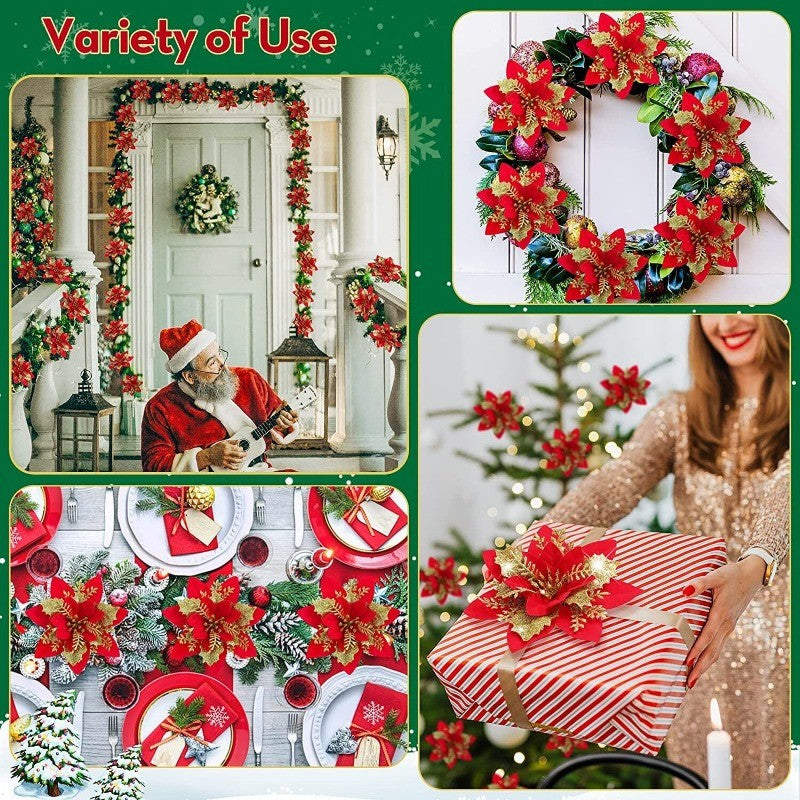 10PCS Glitter Artificial Christmas Flowers for Xmas Tree Ornament Fake Flower Floral with Clips New Year Party Home Decoration