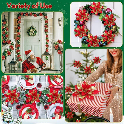 10PCS Glitter Artificial Christmas Flowers for Xmas Tree Ornament Fake Flower Floral with Clips New Year Party Home Decoration