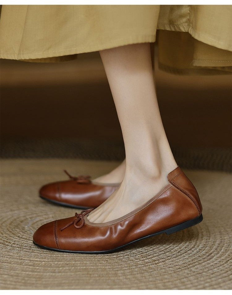 Mary Jane Women Loafers Hand Stitch Casual Streetwear Ballet Flats Soft Sole Solid Color Women Shoes Comfy Round Head Bow Shoes