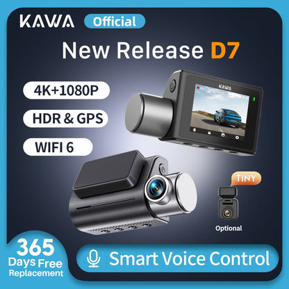 Câmera de painel KAWA D7 4K dianteira e traseira, gravador de vídeo 4K WiFi6, câmera automotiva, mini câmera traseira DVR para veículos, Dashcam com controle por APP/Voz