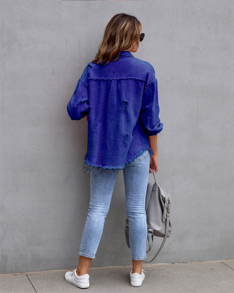 2025 Holes Raw-edges Denim Jacket Women Spring Autumn Shirt Style Jeancoat Casual Top Rose-Red Orange Purple Outerwear Lady Coat