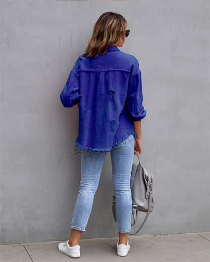 2025 Holes Raw-edges Denim Jacket Women Spring Autumn Shirt Style Jeancoat Casual Top Rose-Red Orange Purple Outerwear Lady Coat