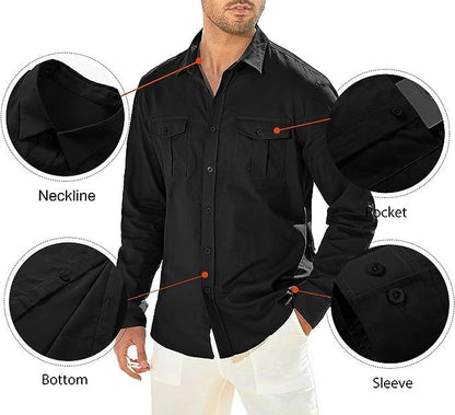 Business Men's Single-breasted Shirt Double Pocket Cotton Linen Long-sleeved Shirt Casual Vacation Shirt