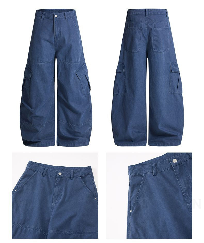 KSTUN 2025 Men Washed Vintage Cargo Pants 100% Cotton Loose Fit Oversize Multi-Pockets Trousers Blue Male Casual Scimitar Pants