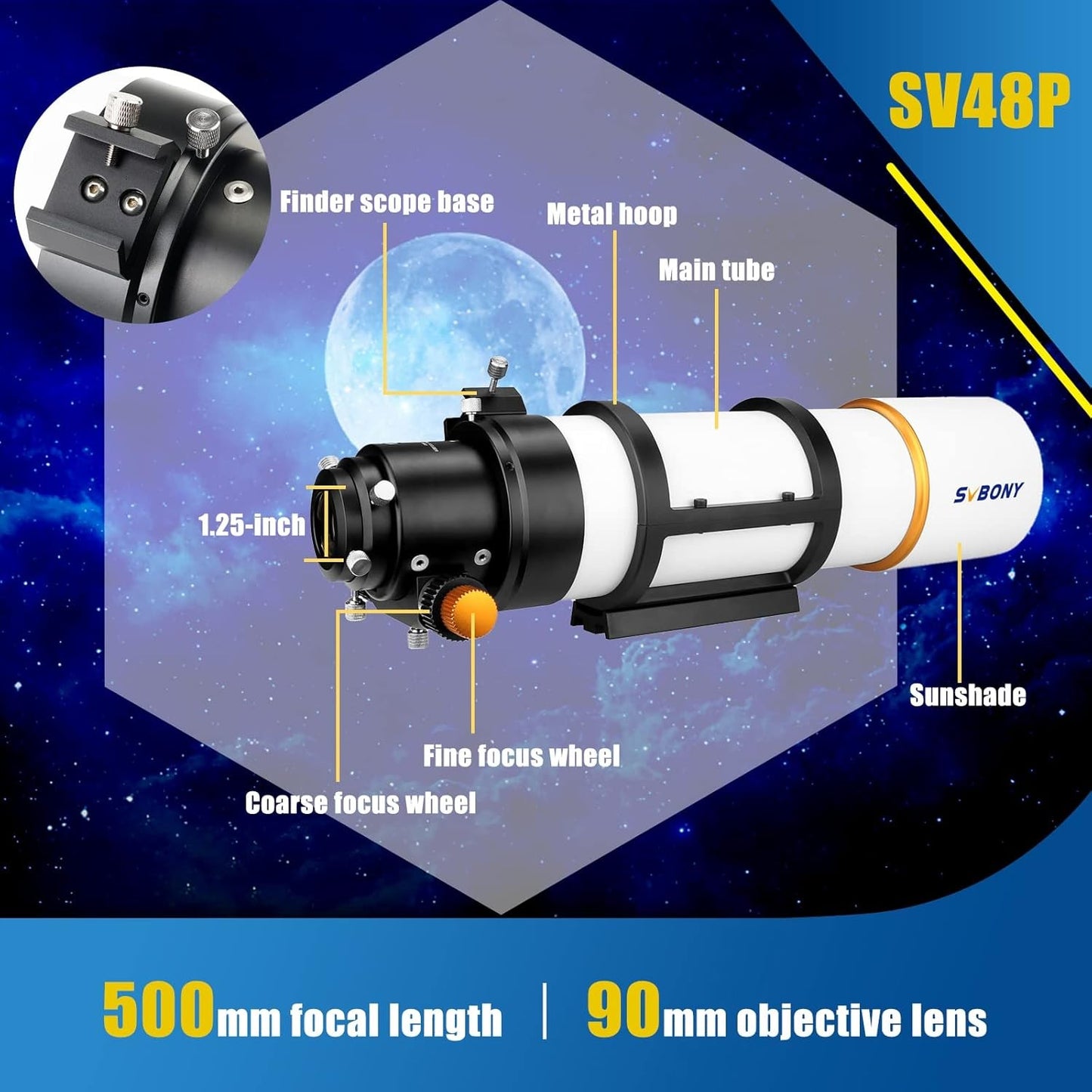 Telescópio Astronômico Refrator Svbony SV48P 90/102mm Abertura OTA com Focador de Duas Velocidades para Astrofotografia de Céu Profundo