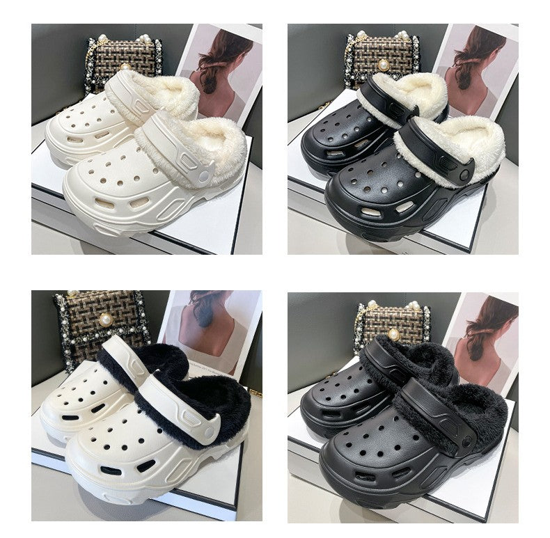 Plush slippers 2025 new winter men's and women's thick high heels soft-soled beach garden shoes home plush ripped slippers