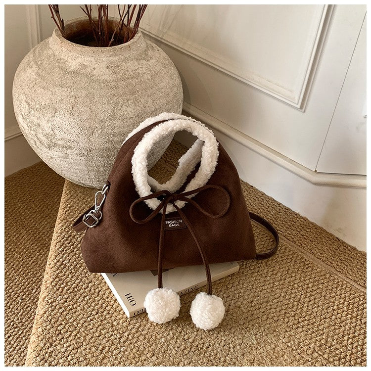 Faux Suede Solid Color Bow Hairy Cute Women's Handbags Christmas Gift Giving Fashion Bags 2025 Autumn/winter New Shoulder Bags