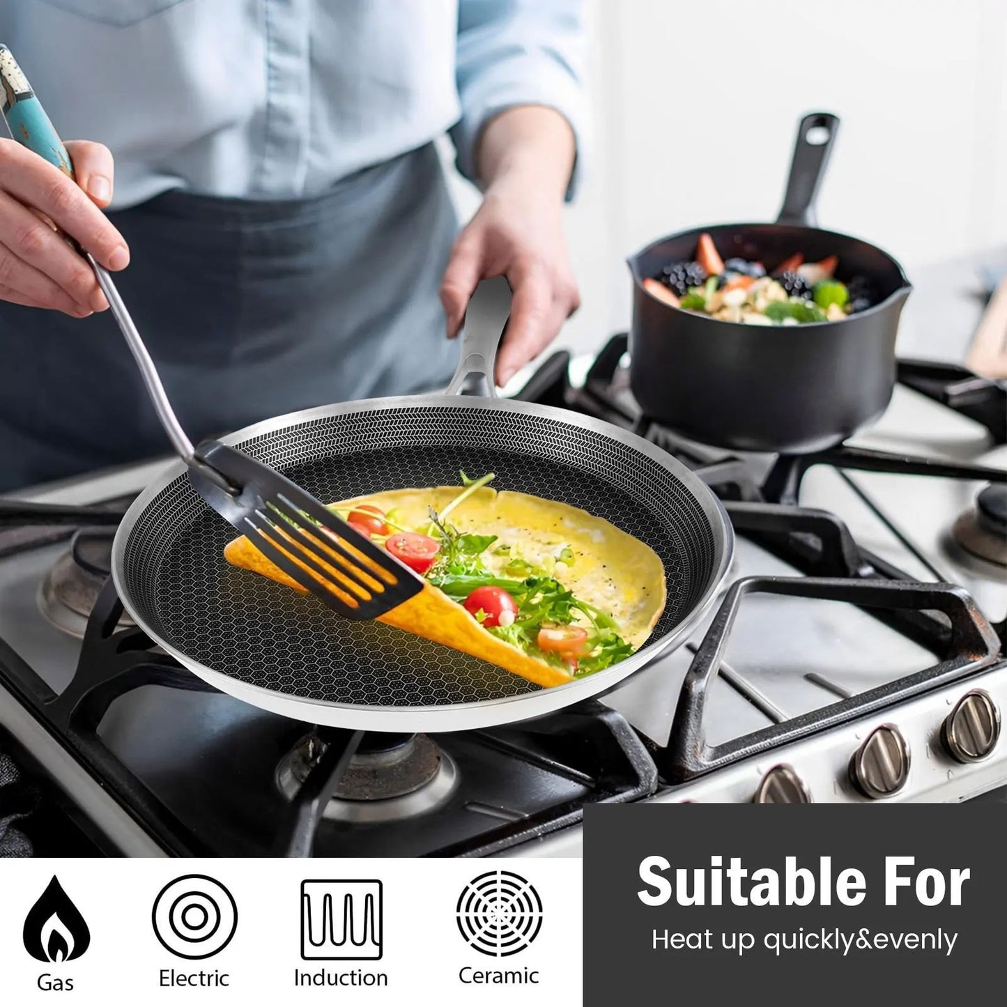 Panquequeira Antiaderente Favo de Mel Panela Dosa Alça Ergonômica de Aço Inoxidável Panela de Panqueca de Cozinha Panela de Tortilla Compatível com Indução