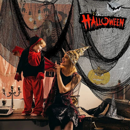 Decorações de Gaze Horripilantes de Halloween para Casa Assombrada com Teia de Aranha Preta Manchada de Sangue para Interiores Assustadoras para Pendurar no Corredor