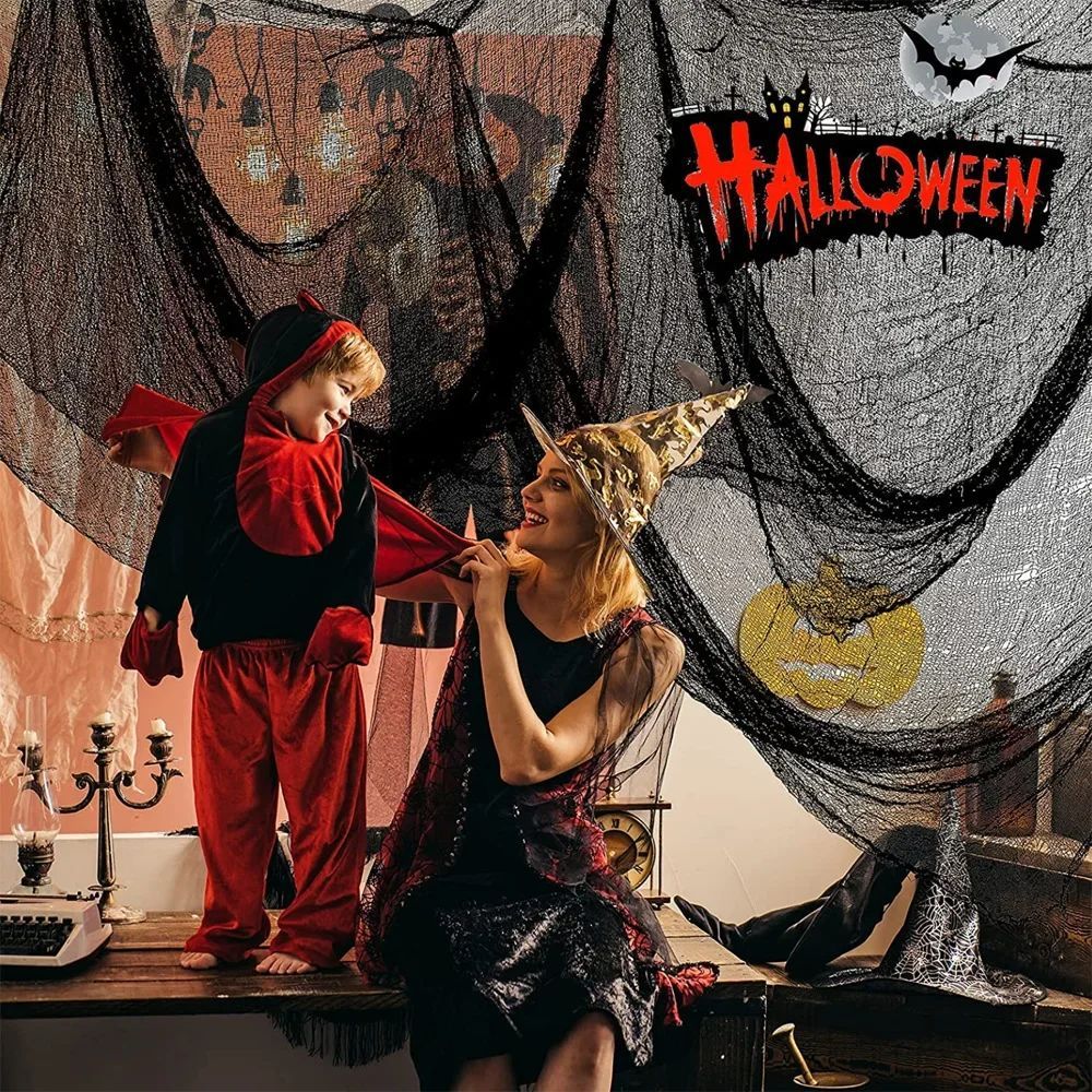 Decorações de Gaze Horripilantes de Halloween para Casa Assombrada com Teia de Aranha Preta Manchada de Sangue para Interiores Assustadoras para Pendurar no Corredor