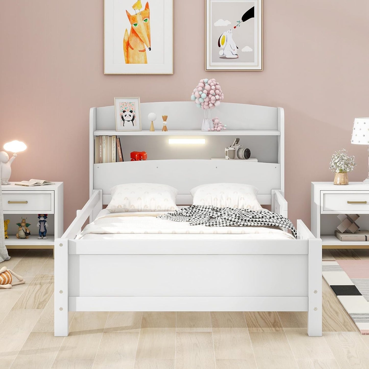 Estrutura de Cama de Solteiro com Cabeceira Armário, Branco - Cama Infantil de Madeira Maciça com Luz LED Embutida, Grade de Proteção e Estrado - 87L x 43