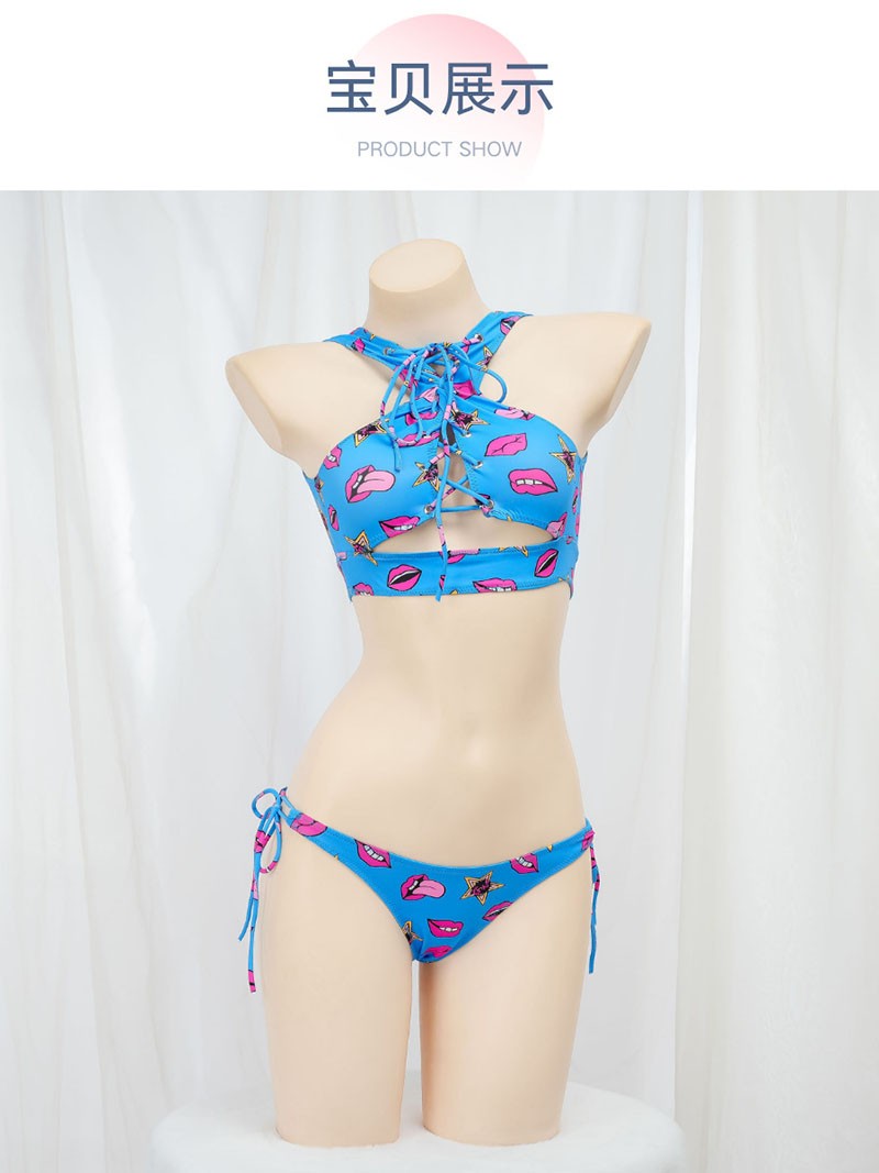 Anime Beach Girl Red Lip And Yellow Danger Warning Line Uniform Printing Bikini Swimsuit Underwear Women Outfits Cosplay Costume
