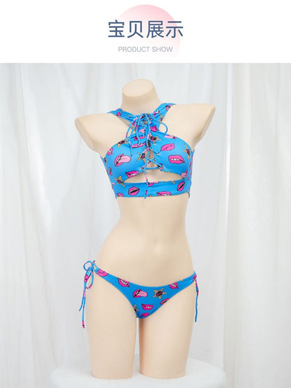 Anime Beach Girl Red Lip And Yellow Danger Warning Line Uniform Printing Bikini Swimsuit Underwear Women Outfits Cosplay Costume
