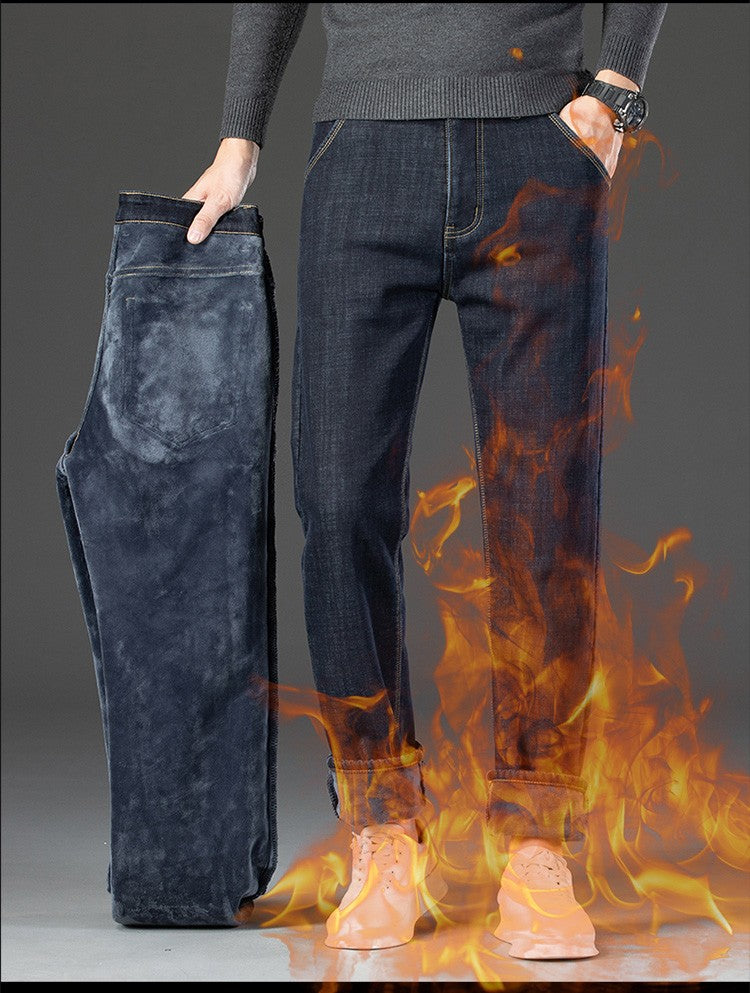 28-40 Large Size Winter Men Plush Thick Fleece Trouser Lambswool Thermal Jeans Casual Pants Windproof Warm Cotton Denim Pants