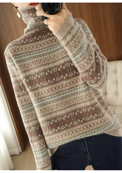 Autumn and Winter New 100% Wool Cashmere Sweater Women's High Neck Pullover Casual Knitted Loose Korean Fashion Color Block Top