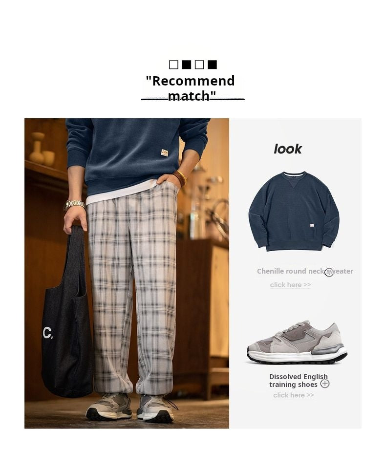 Maden Calça Cargo Xadrez Masculina Vintage Primavera Leve Caimento Solto Cintura com Cordão Calças Retas Casuais Perna Larga