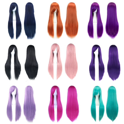 Perucas de Cosplay de 80cm de Comprimento Sintéticas Brancas Roxas Perucas Verdes Lisas Prateadas Postiço Rosa Peruca Lolita Personalizada com Franja