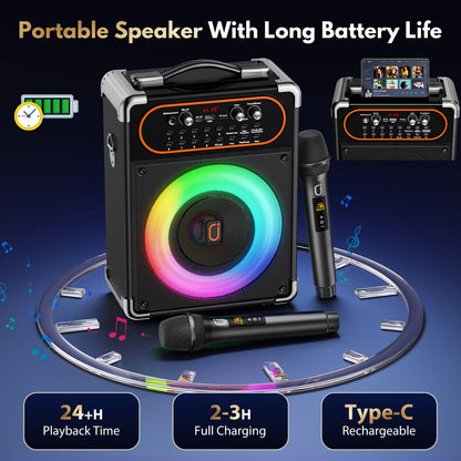 S68 Karaokê com 2 Microfones, Caixa de Som Portátil Karaokê Bluetooth 5.3, Ajuste de Eco, Suporta TV via Conexão Auxiliar